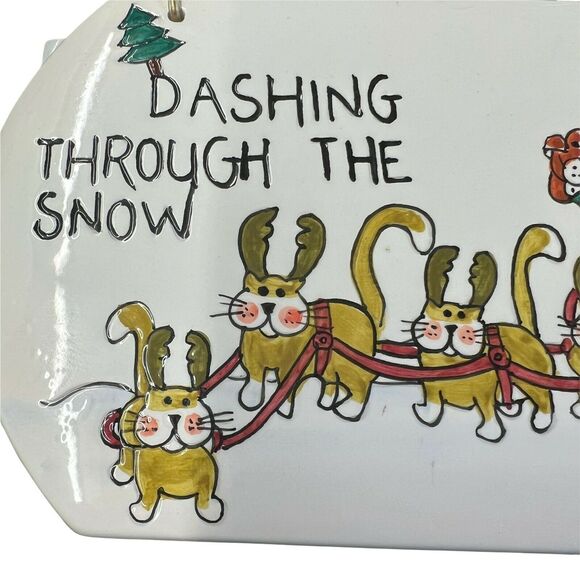 Christmas Ceramic Wall Plaque Santa Dashing Through The Snow With Cat-Reindeers - Picture 5 of 6
